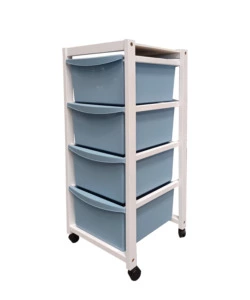 CARRELLO IN LEGNO BIANCO CON CASSETTI BLU, 37,5X36,5X82 CM